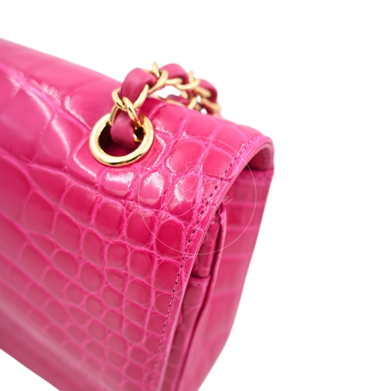 [Pre-owned] Chanel Shiny Pink Alligator GHW Medium Classic Flap Bag-6