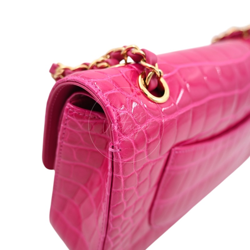 [Pre-owned] Chanel Shiny Pink Alligator GHW Medium Classic Flap Bag-7
