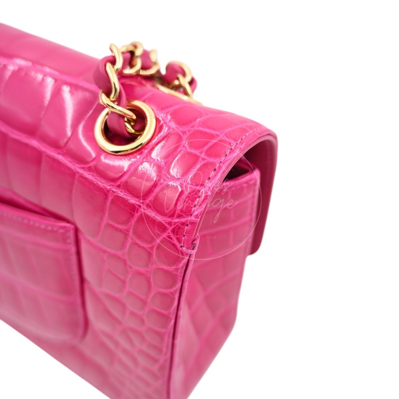 [Pre-owned] Chanel Shiny Pink Alligator GHW Medium Classic Flap Bag-8