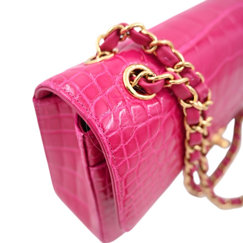 [Pre-owned] Chanel Shiny Pink Alligator GHW Medium Classic Flap Bag-9