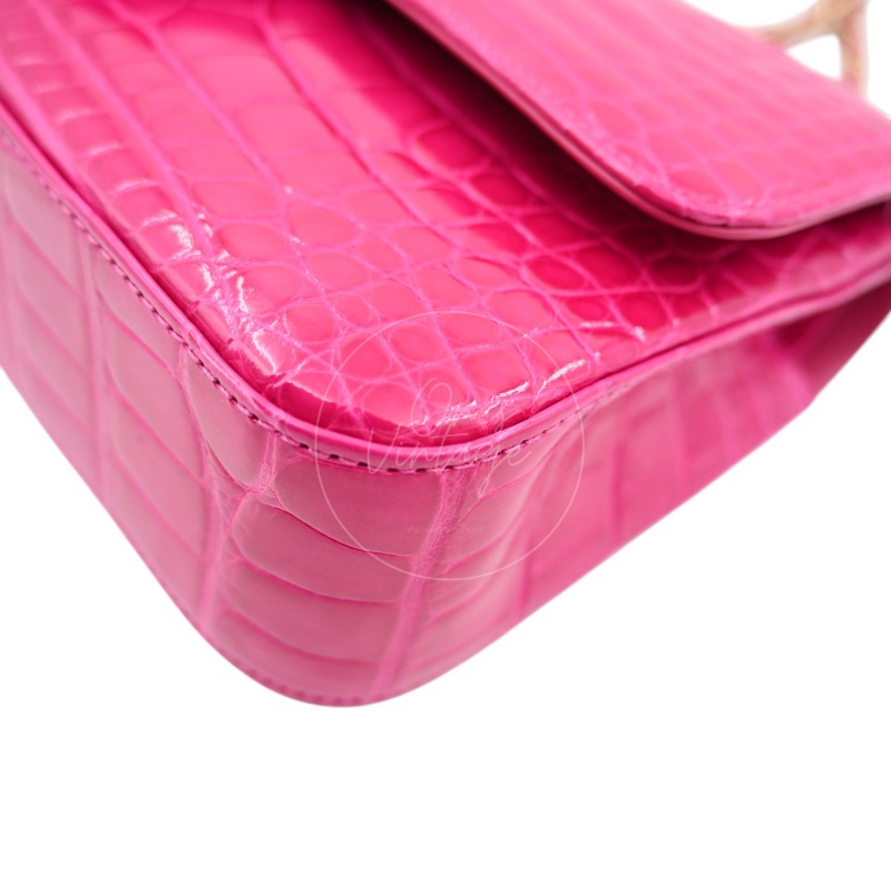 [Pre-owned] Chanel Shiny Pink Alligator GHW Medium Classic Flap Bag-13