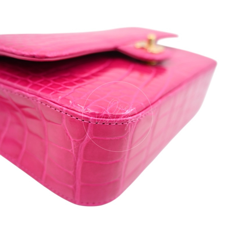 [Pre-owned] Chanel Shiny Pink Alligator GHW Medium Classic Flap Bag-14