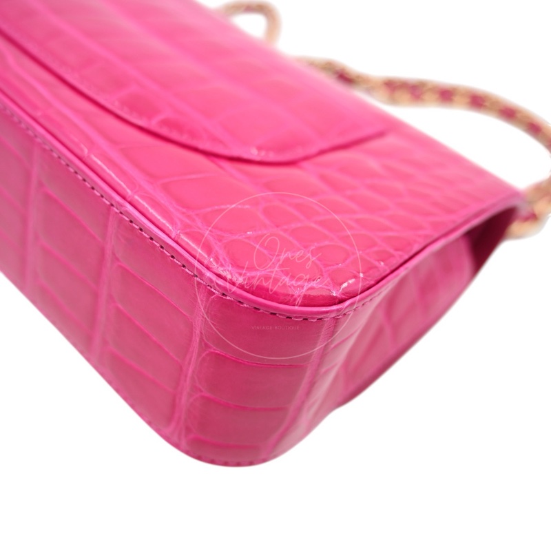 [Pre-owned] Chanel Shiny Pink Alligator GHW Medium Classic Flap Bag-15