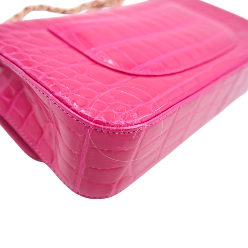 [Pre-owned] Chanel Shiny Pink Alligator GHW Medium Classic Flap Bag-16