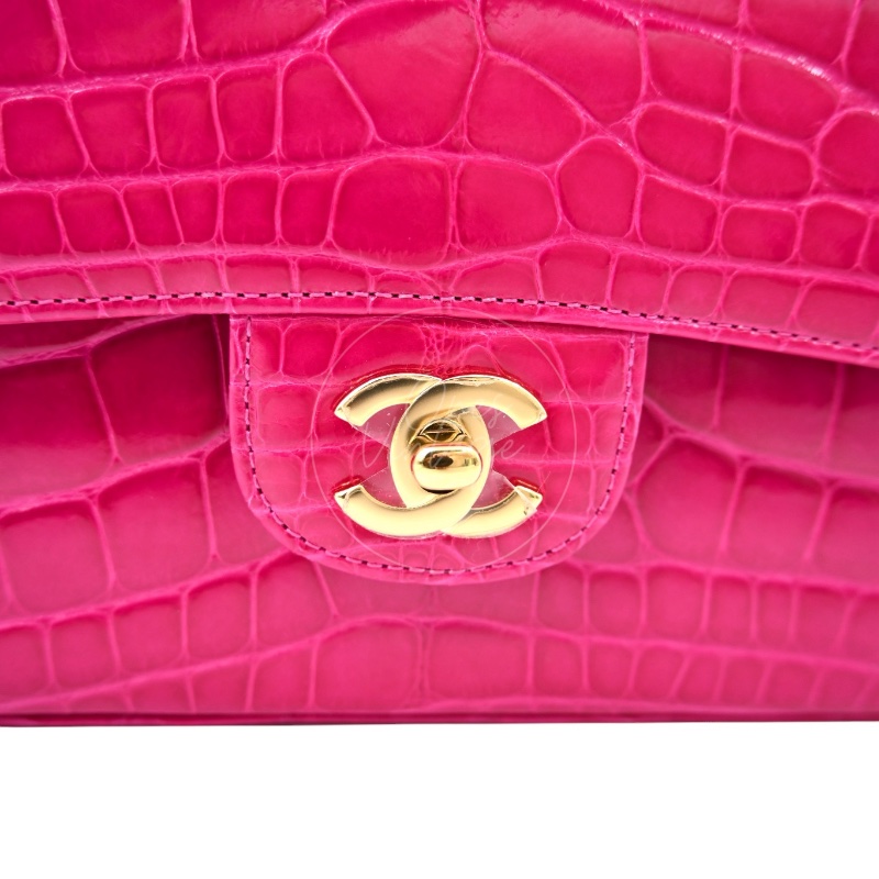 [Pre-owned] Chanel Shiny Pink Alligator GHW Medium Classic Flap Bag-21
