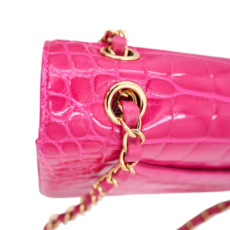 [Pre-owned] Chanel Shiny Pink Alligator GHW Medium Classic Flap Bag-29