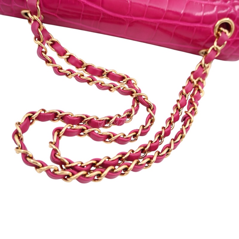 [Pre-owned] Chanel Shiny Pink Alligator GHW Medium Classic Flap Bag-30