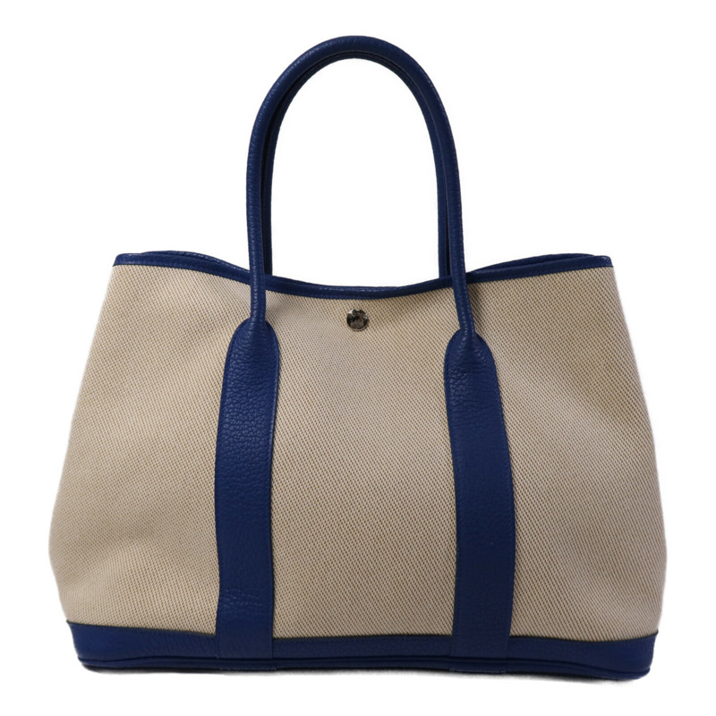 HERMES 帆布/皮革Garden Party PM銀扣手挽袋Bleu France-0