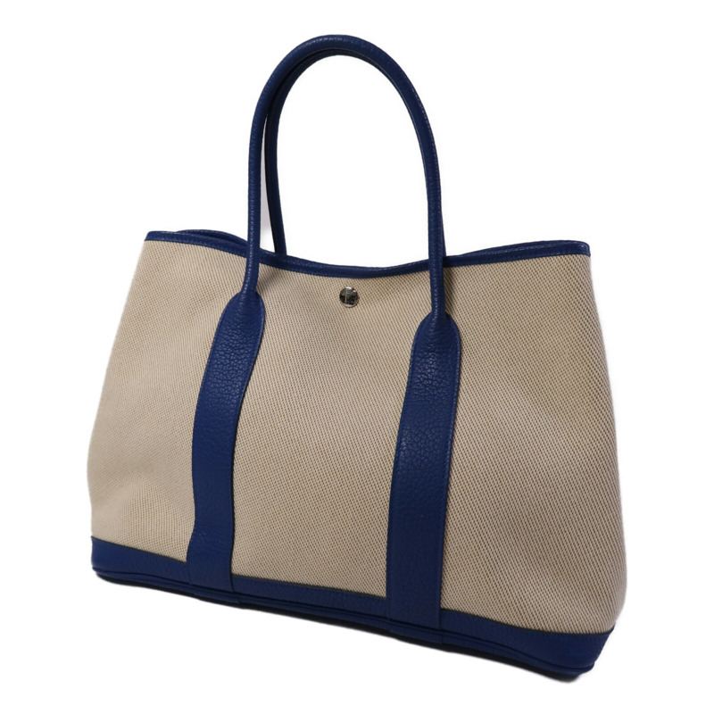 HERMES 帆布/皮革Garden Party PM銀扣手挽袋Bleu France-1