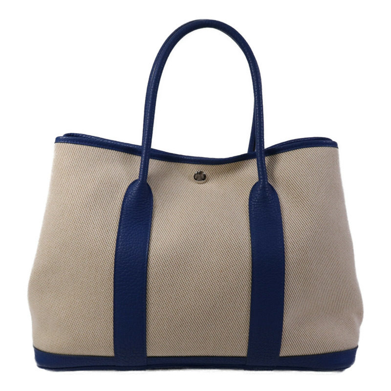 HERMES 帆布/皮革Garden Party PM銀扣手挽袋Bleu France-2