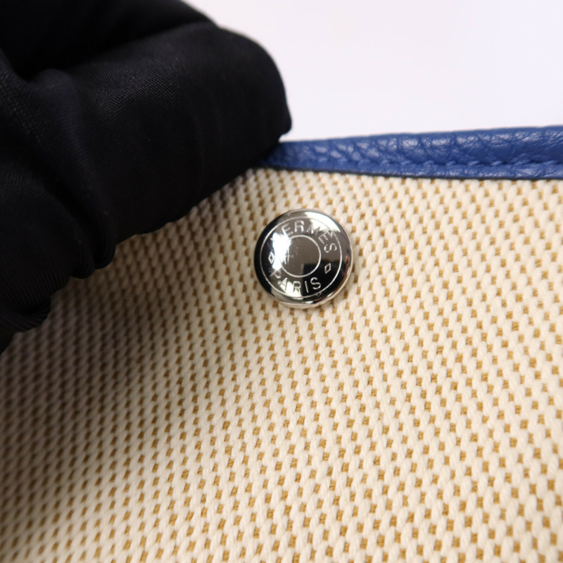 HERMES 帆布/皮革Garden Party PM銀扣手挽袋Bleu France-7