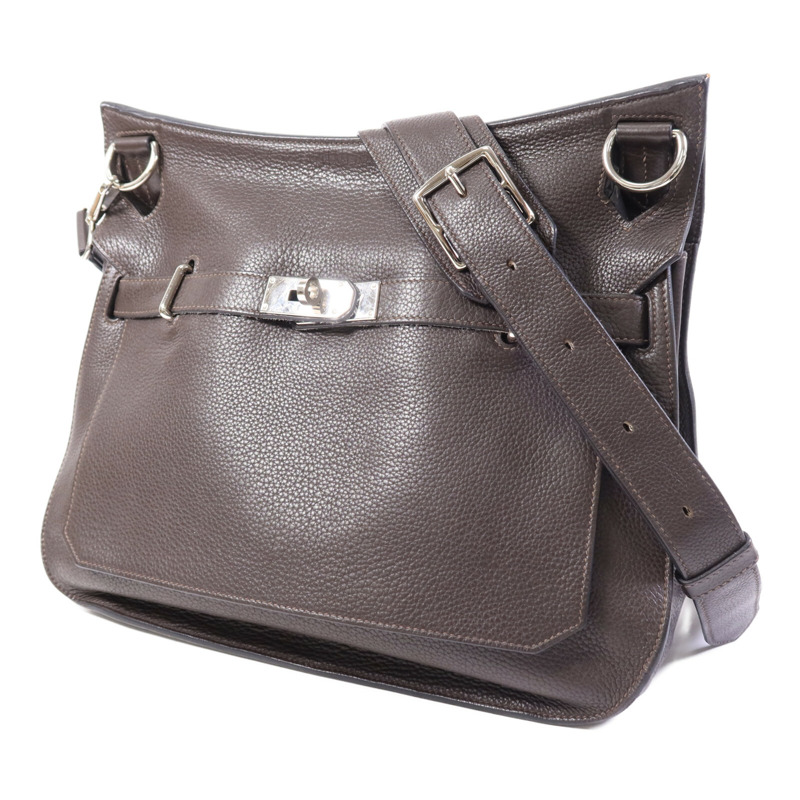 HERMES Clemence皮革Jypsiere 34銀扣肩背袋Brown-1