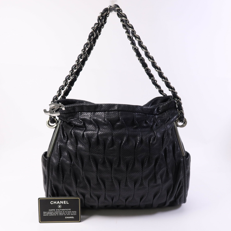 CHANEL 牛皮皮革Chain Shoulder銀扣鏈帶肩背袋-9