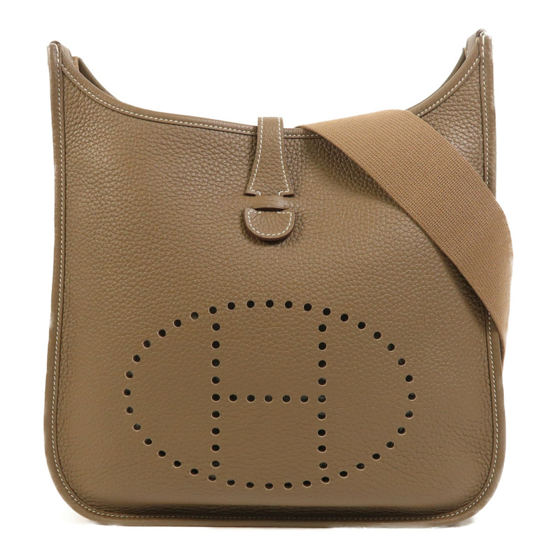 HERMES Clemence皮革Evelyne PM銀扣肩背袋Etoupe-0