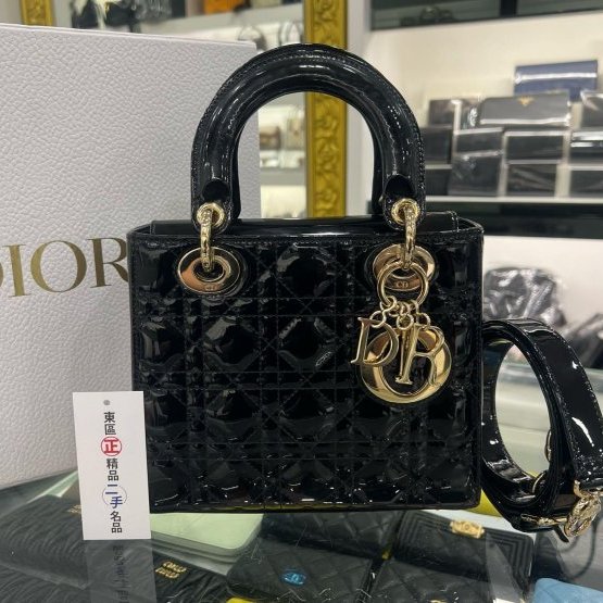 東區正精品㊣CD CHRISTIAN DIOR LADY 迪奧黑色漆皮Logo 吊飾手提包黛妃包2用包 RZ6144-0