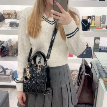 東區正精品㊣CD CHRISTIAN DIOR LADY 迪奧黑色漆皮Logo 吊飾手提包黛妃包2用包 RZ6144-1