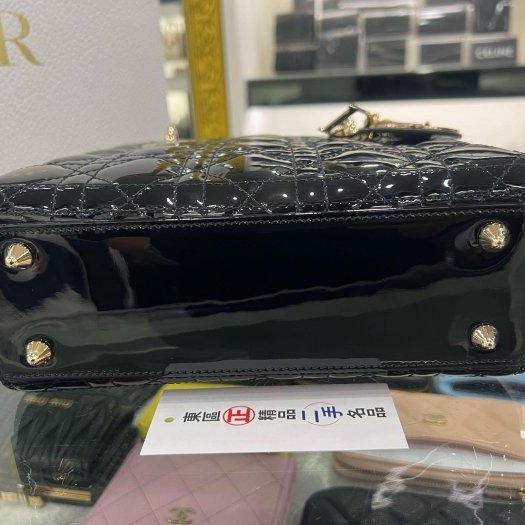 東區正精品㊣CD CHRISTIAN DIOR LADY 迪奧黑色漆皮Logo 吊飾手提包黛妃包2用包 RZ6144-7