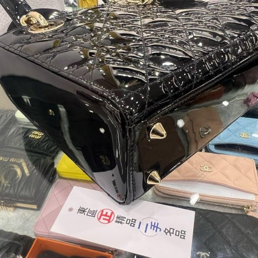 東區正精品㊣CD CHRISTIAN DIOR LADY 迪奧黑色漆皮Logo 吊飾手提包黛妃包2用包 RZ6144-8