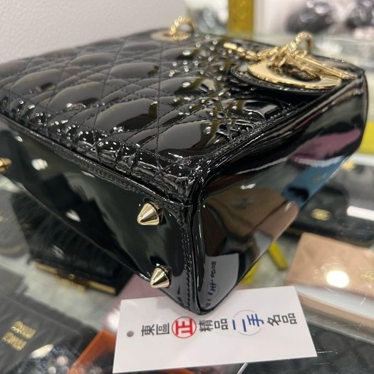 東區正精品㊣CD CHRISTIAN DIOR LADY 迪奧黑色漆皮Logo 吊飾手提包黛妃包2用包 RZ6144-9