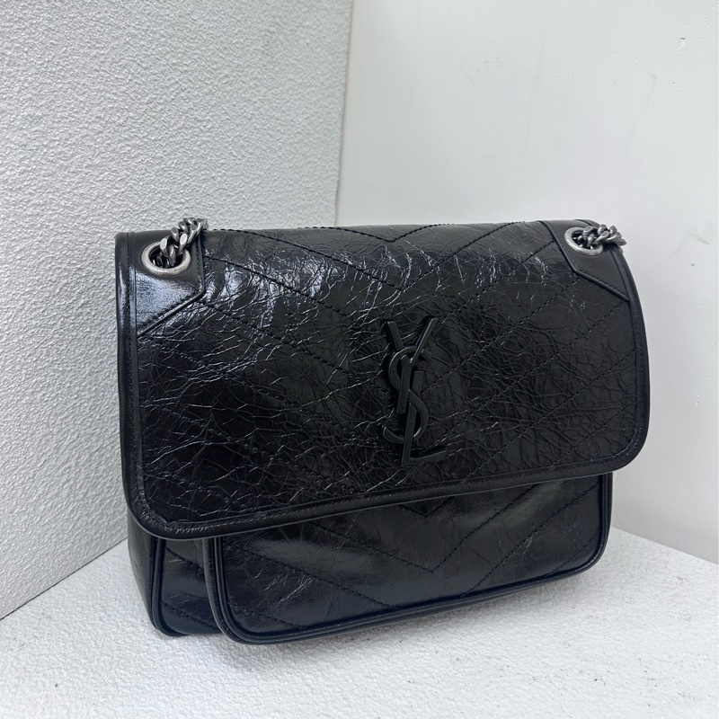 【全新】SAINT LAURENT YSL Niki 黑 鏈黑標Logo復古褶皺 牛皮革 流浪包 單肩包-0