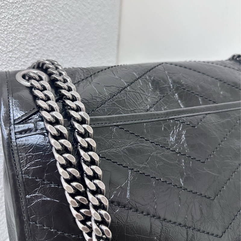 【全新】SAINT LAURENT YSL Niki 黑 鏈黑標Logo復古褶皺 牛皮革 流浪包 單肩包-3