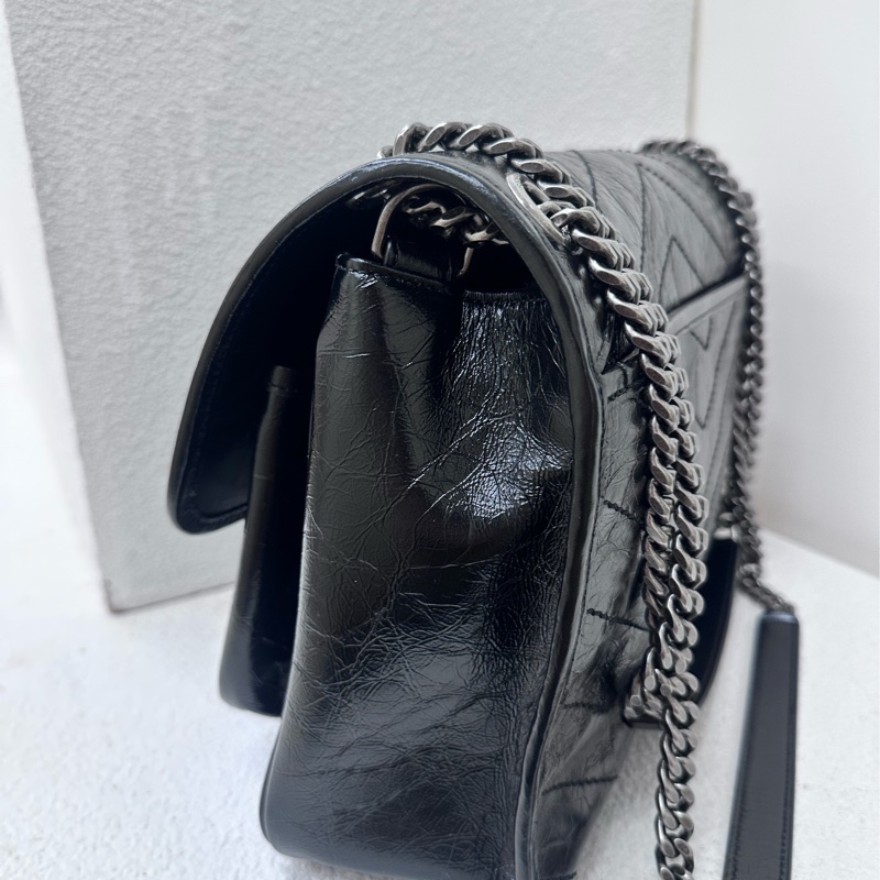 【全新】SAINT LAURENT YSL Niki 黑 鏈黑標Logo復古褶皺 牛皮革 流浪包 單肩包-4