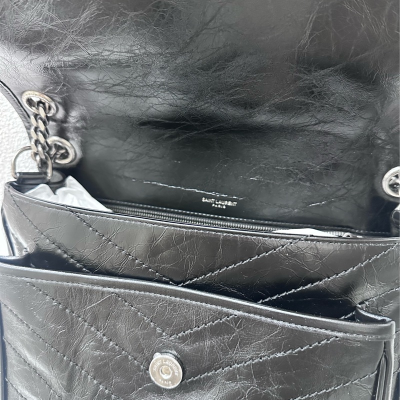 【全新】SAINT LAURENT YSL Niki 黑 鏈黑標Logo復古褶皺 牛皮革 流浪包 單肩包-5