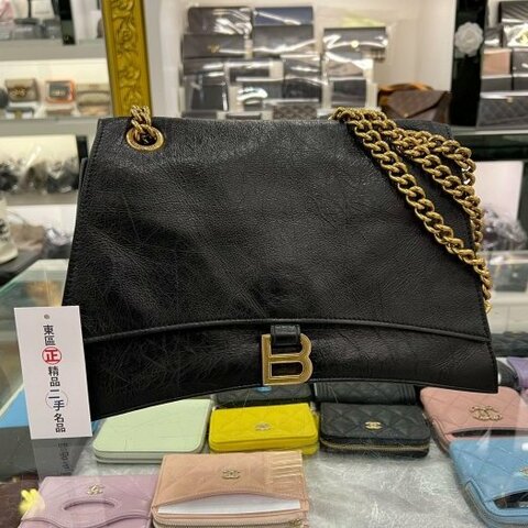東區正精品㊣BALENCIAGA Crush 716393 巴黎世家黑色牛皮B金釦金鍊翻蓋沙漏包雙鍊肩背包斜背包 RZ6145