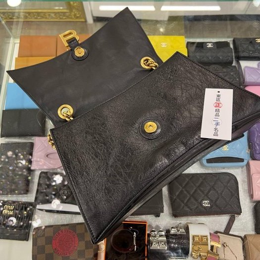 東區正精品㊣BALENCIAGA Crush 716393 巴黎世家黑色牛皮B金釦金鍊翻蓋沙漏包雙鍊肩背包斜背包 RZ6145-2