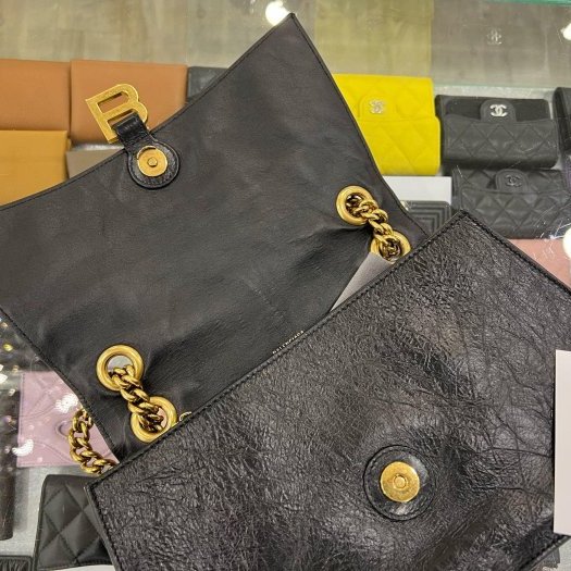東區正精品㊣BALENCIAGA Crush 716393 巴黎世家黑色牛皮B金釦金鍊翻蓋沙漏包雙鍊肩背包斜背包 RZ6145-3