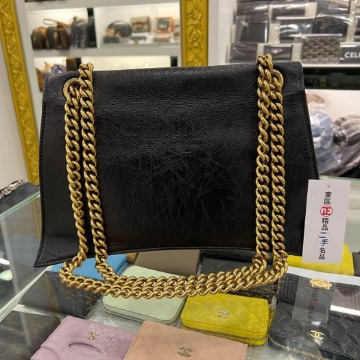 東區正精品㊣BALENCIAGA Crush 716393 巴黎世家黑色牛皮B金釦金鍊翻蓋沙漏包雙鍊肩背包斜背包 RZ6145-6
