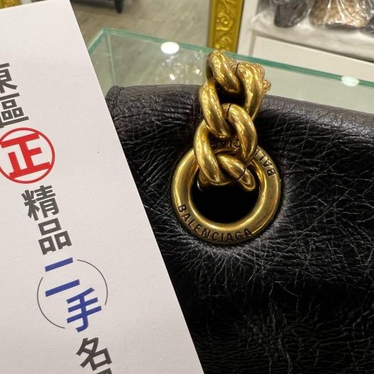 東區正精品㊣BALENCIAGA Crush 716393 巴黎世家黑色牛皮B金釦金鍊翻蓋沙漏包雙鍊肩背包斜背包 RZ6145-8