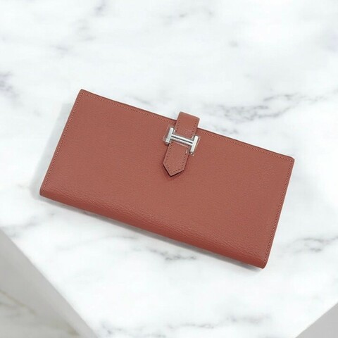 莉亞精品♡Hermes Bearn 奶昔粉長夾 粉銀 框Q 二手美品