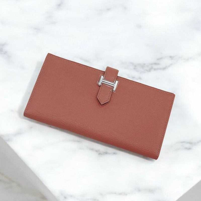 莉亞精品♡Hermes Bearn 奶昔粉長夾 粉銀 框Q 二手美品-0