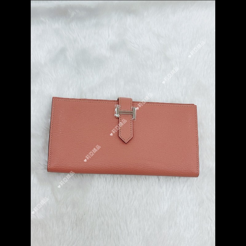 莉亞精品♡Hermes Bearn 奶昔粉長夾 粉銀 框Q 二手美品-2
