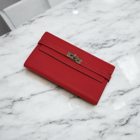 莉亞精品♡Hermes Kelly 長夾 紅銀 框P 二手美品