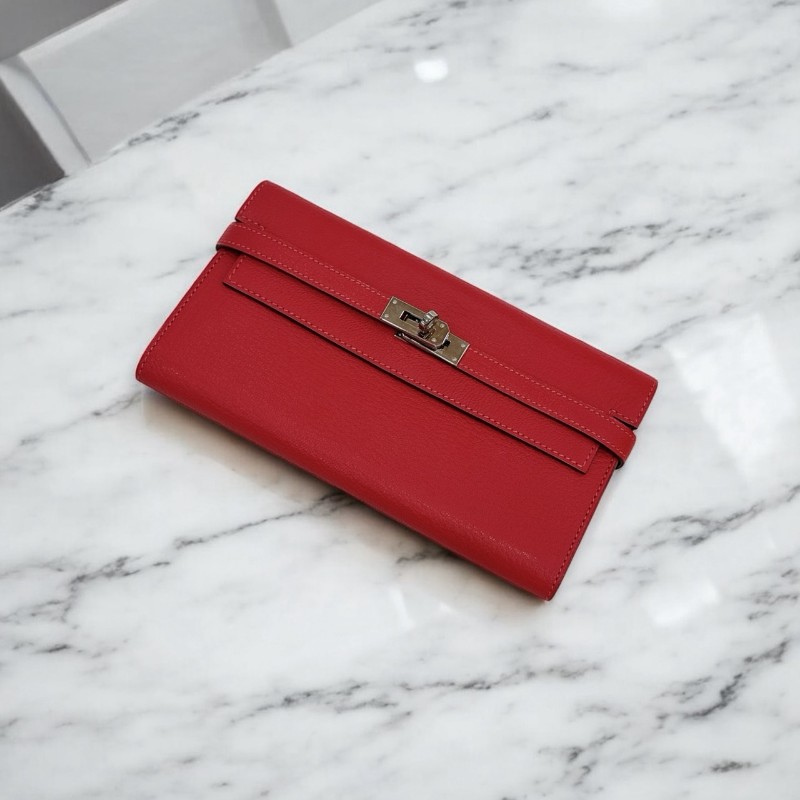 莉亞精品♡Hermes Kelly 長夾 紅銀 框P 二手美品-0