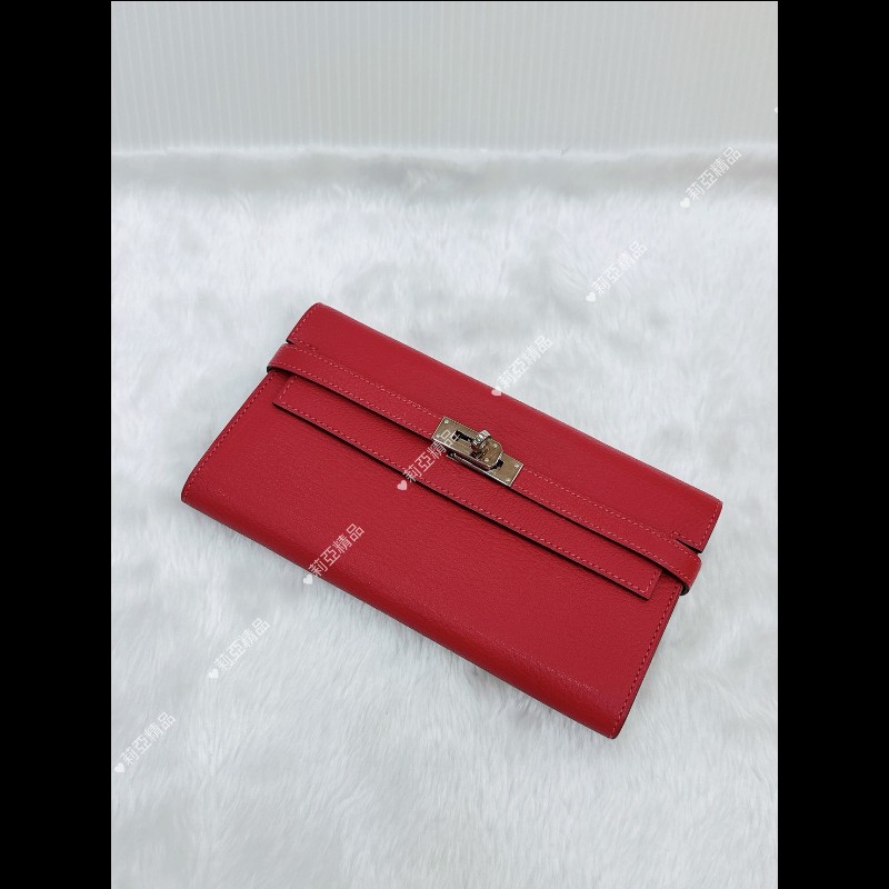 莉亞精品♡Hermes Kelly 長夾 紅銀 框P 二手美品-1
