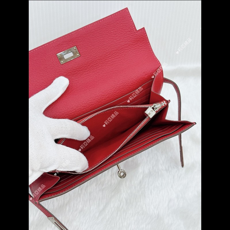 莉亞精品♡Hermes Kelly 長夾 紅銀 框P 二手美品-11