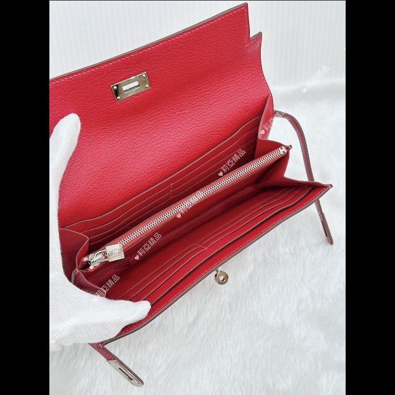 莉亞精品♡Hermes Kelly 長夾 紅銀 框P 二手美品-14
