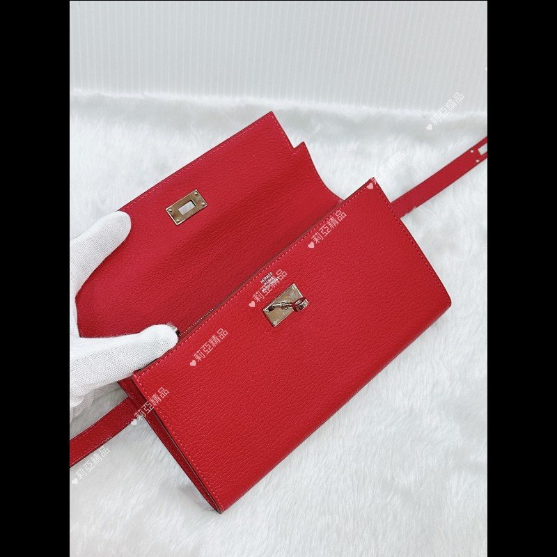 莉亞精品♡Hermes Kelly 長夾 紅銀 框P 二手美品-15