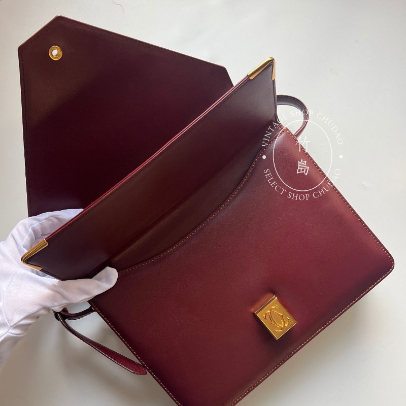 Cartier 卡地亞 勃根地紅 信封包皮革斜肩包-3