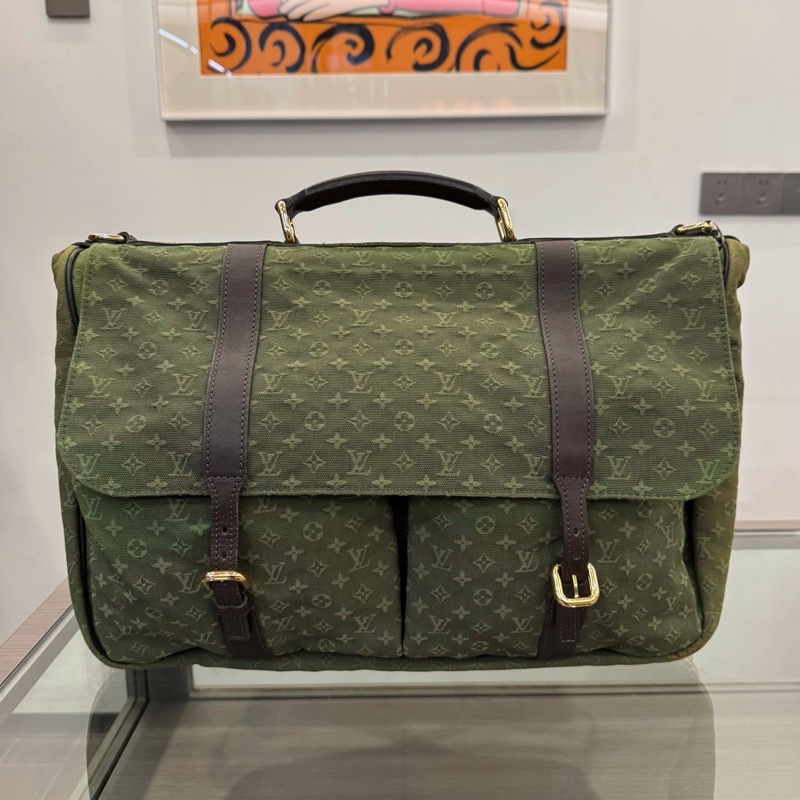 LV 墨綠色 滿印老花logo牛仔丹寧狩獵包手提包單肩包 約42cm-1