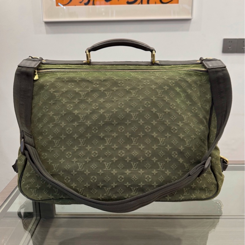 LV 墨綠色 滿印老花logo牛仔丹寧狩獵包手提包單肩包 約42cm-3