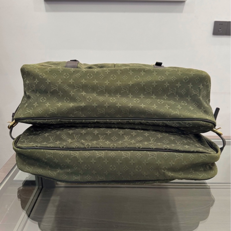 LV 墨綠色 滿印老花logo牛仔丹寧狩獵包手提包單肩包 約42cm-4