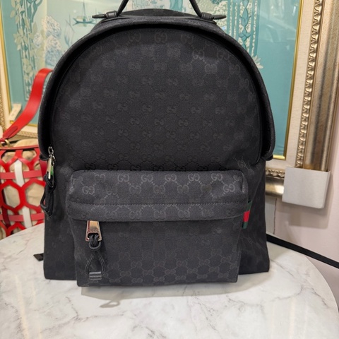 Gucci 黑緹花布銀釦前口袋手提後背包