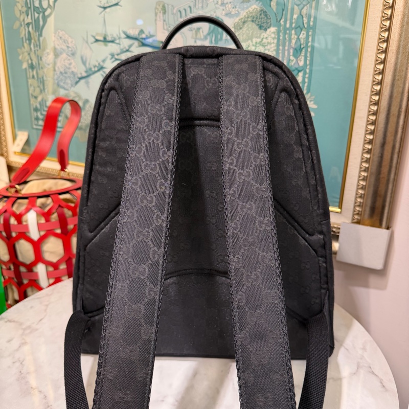 Gucci 黑緹花布銀釦前口袋手提後背包-1