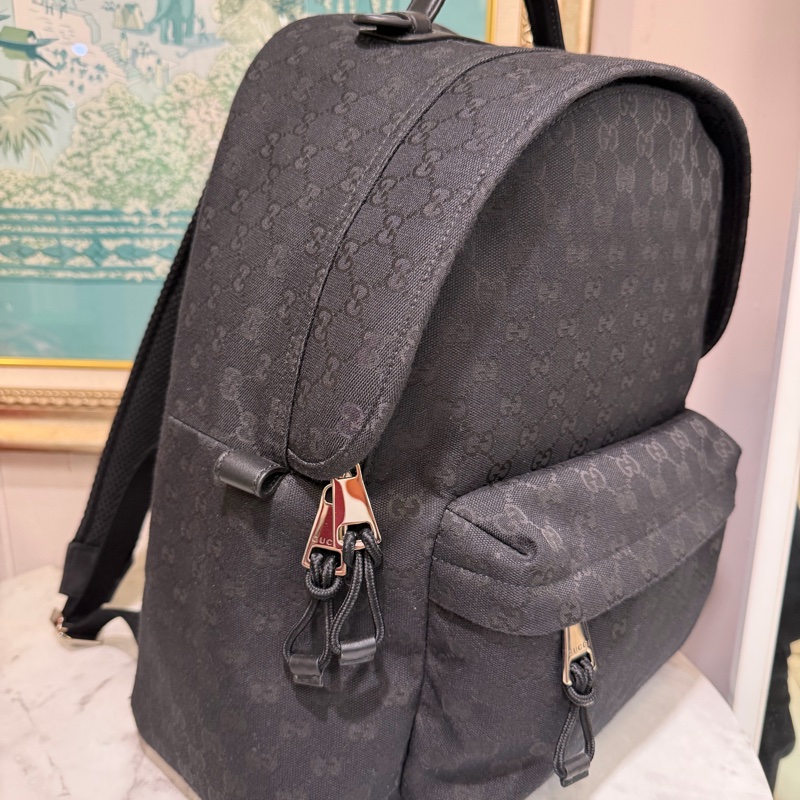 Gucci 黑緹花布銀釦前口袋手提後背包-3