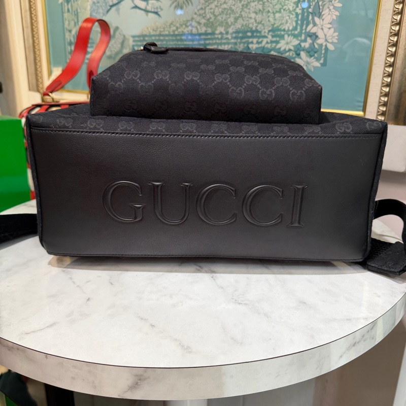 Gucci 黑緹花布銀釦前口袋手提後背包-4