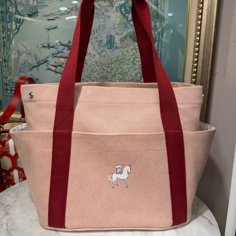 Hermes 粉拼紅帆布內印花棉府綢Cabriole銀釦肩背尿布袋H104481M